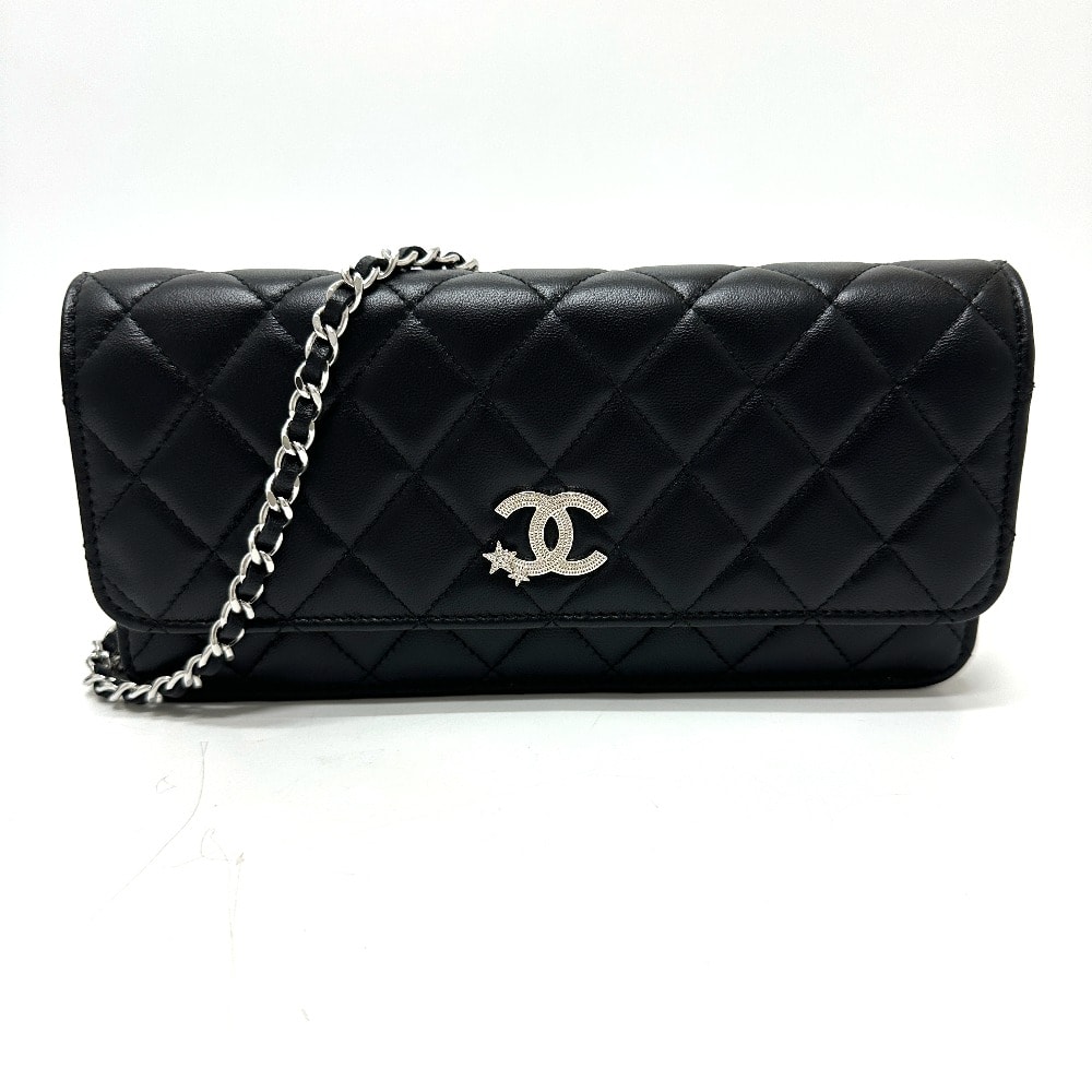 シャネル CHANEL スターココマーク 2025SS マトラッセ ロング チェーンウォレット ショルダーバッグ ラムスキン ブラック 未使用