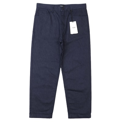 SALE【未使用】FENDI フェンディ デニムパンツ 2021年製 5P シグネチャー ロゴ パッチ エンブロイダリー 刺繍 裾ダブル ジップフライ ジーンズ ボトムス メンズ サイズ 34 インディゴ イタリア製