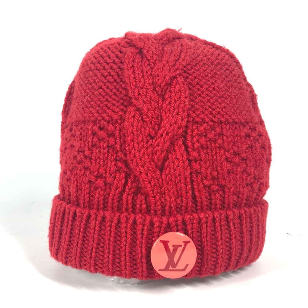 ルイヴィトン LOUIS VUITTON ポネコンスタンス 缶バッジ付き ビーニー 帽子 ニット帽 ニットキャップ ニット帽 ウール レッド 美品