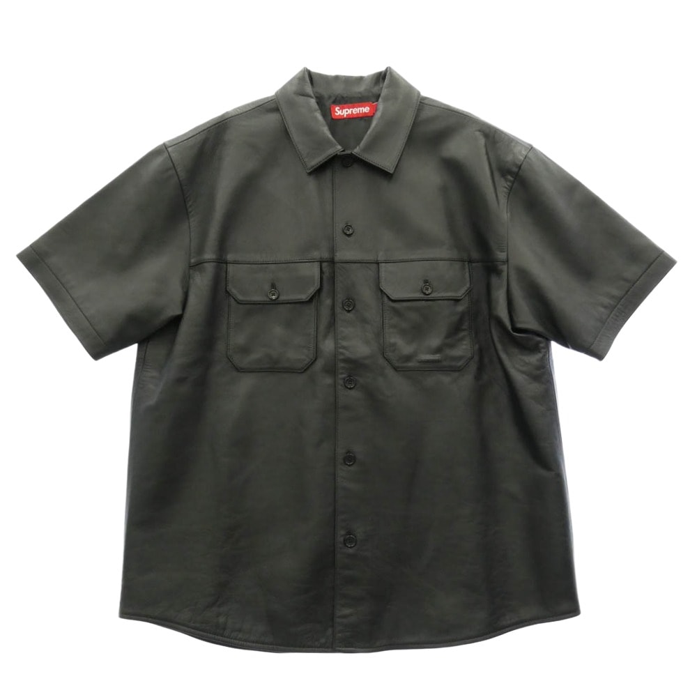 Supreme シュプリーム 23AW S/S Leather Work Shirt レザー 半袖 ワークシャツ ブラック系 L【極上美品】【中古】