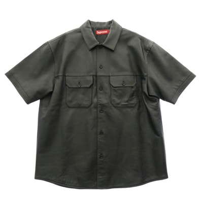 Supreme シュプリーム 23AW S/S Leather Work Shirt レザー 半袖 ワークシャツ ブラック系 L【極上美品】【中古】