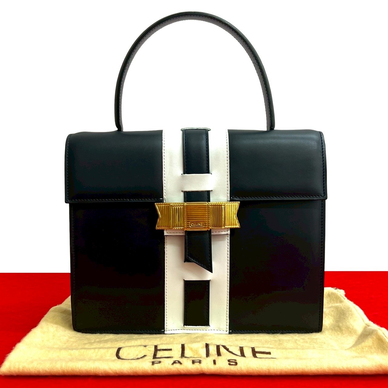 CELINE セリーヌ ロゴ リボン 金具 レザー ハンドバッグ ネイビー
 31825