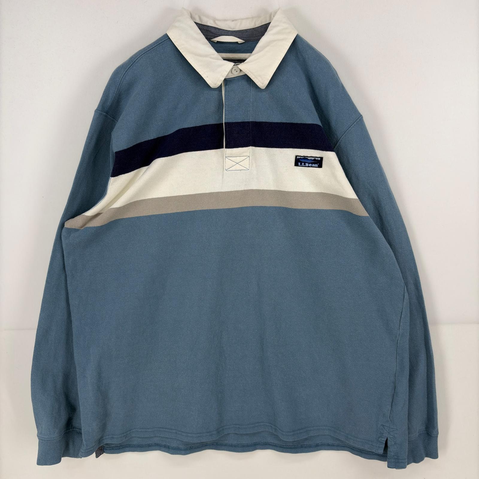 古着 エルエルビーン L.L.Bean 長袖シャツ ロゴ ラガーシャツ ボーダー ワンポイント ラグビーシャツ 大きいサイズ XL  水色系 メンズ