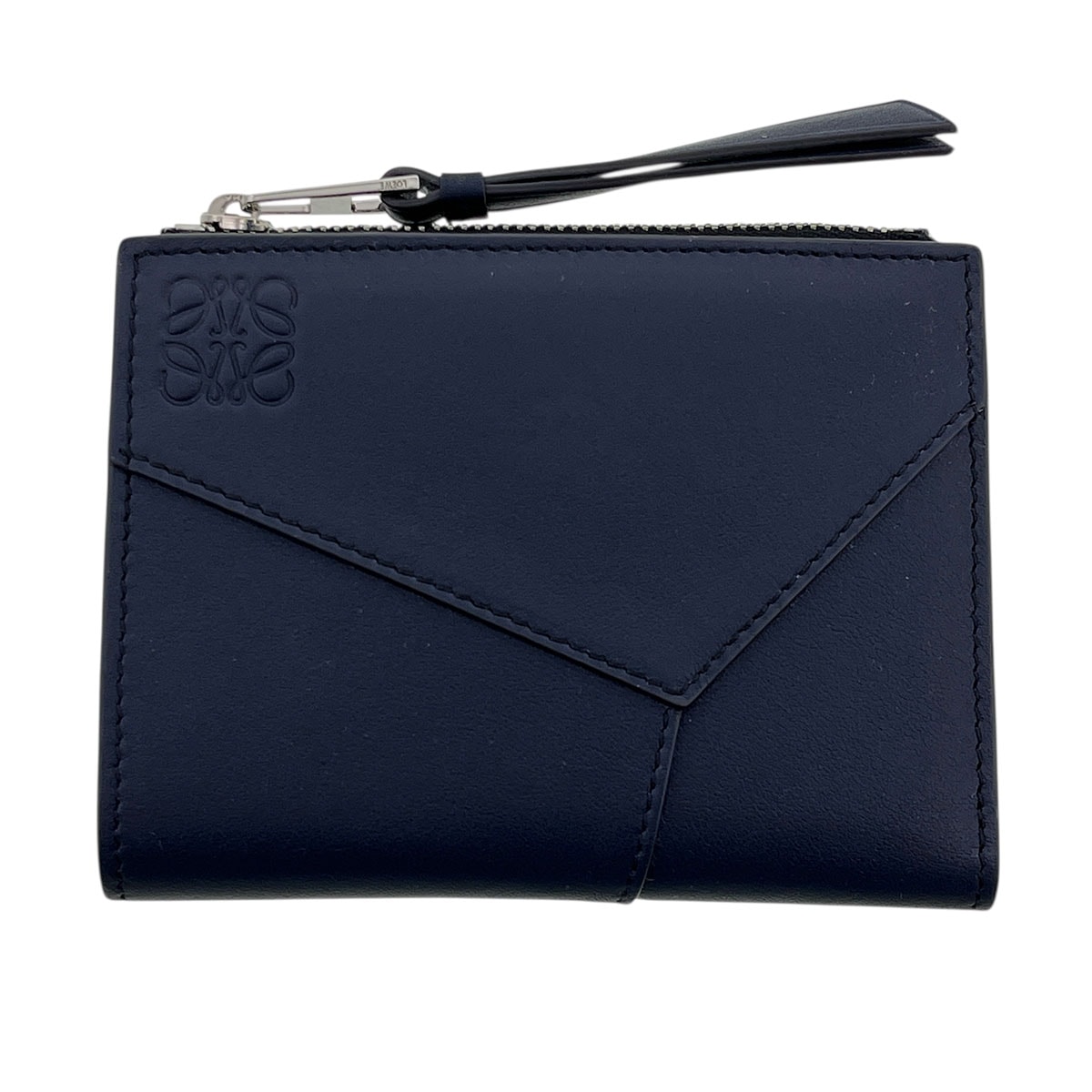 【値下げ】LOEWE ロエベ スリム コンパクト ウォレット 二つ折り財布 C660W73X02 レザー ネイビー シルバー金具  メンズ【中古】