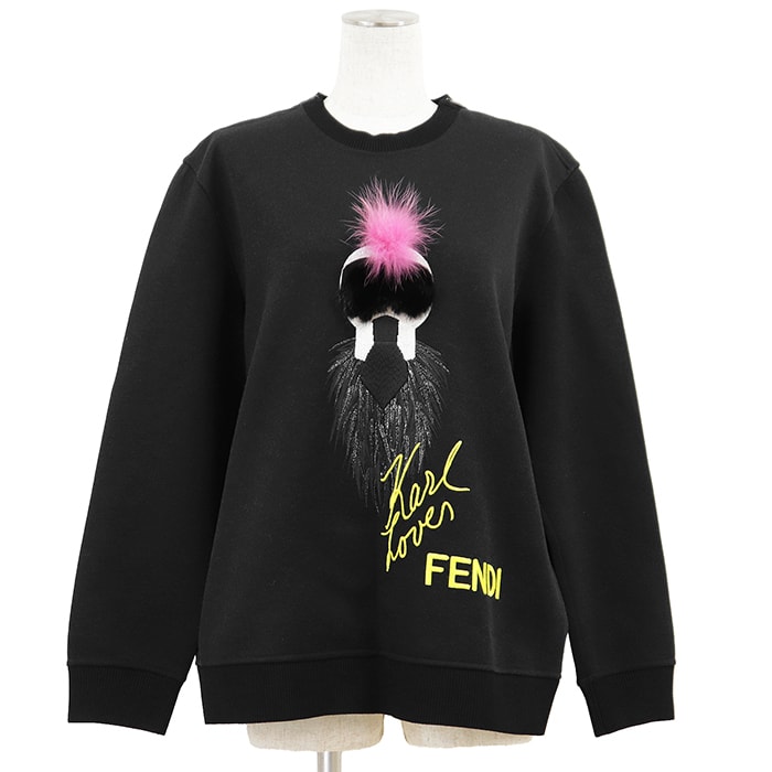 【新品同様】FENDI フェンディ スウェット サイズ 44 レディース カール・ラガーフェルド ファー エンブロイダリー 刺繍 プルオーバー クルーネック ロングスリーブ 丸首 長袖 トップス ブラック 黒 イタリア製