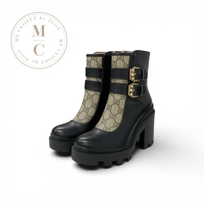グッチ GUCCI ブーツ ショートブーツ 靴 シューズ レザー ブラック ブラウン GGスプリーム ベルト ロゴ アンクルブーツ