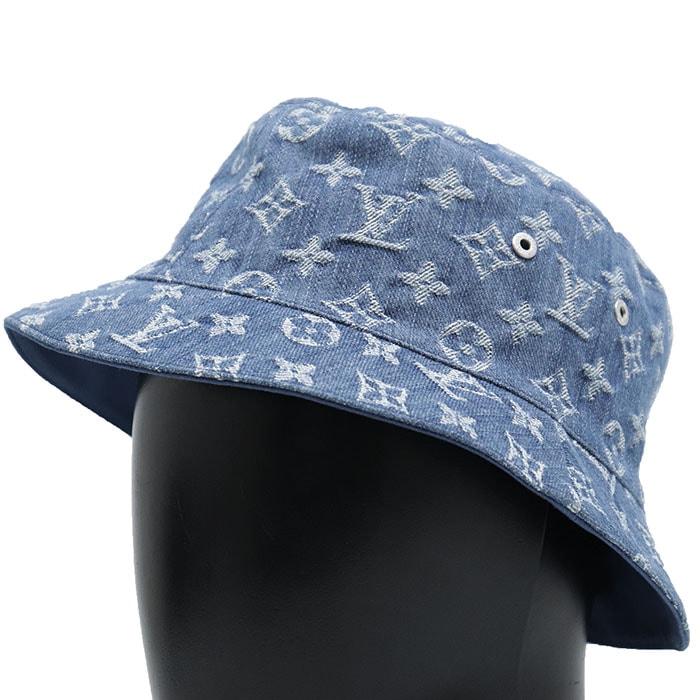 【美品】LOUIS VUITTON ルイ・ヴィトン バケットハット デニム サイズ表記無 リバーシブル LVモノグラム ロゴ エンブロイダリー 刺繍 帽子 小物 ユニセックス メンズ レディース インディゴ フランス製