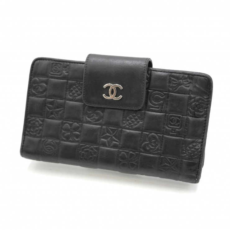 CHANEL(シャネル)アイコンライン がま口長財布 ブラック レザー ココマーク シルバー金具 レディース ウォレット【中古】