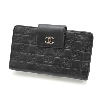 CHANEL(シャネル)アイコンライン がま口長財布 ブラック レザー ココマーク シルバー金具 レディース ウォレット【中古】