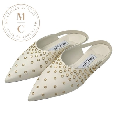 ジミーチュウ JIMMY CHOO フラットシューズ 靴 シューズ レザー ホワイト 白 ゴールド 未使用 丸スタッズ サンダル パンプス