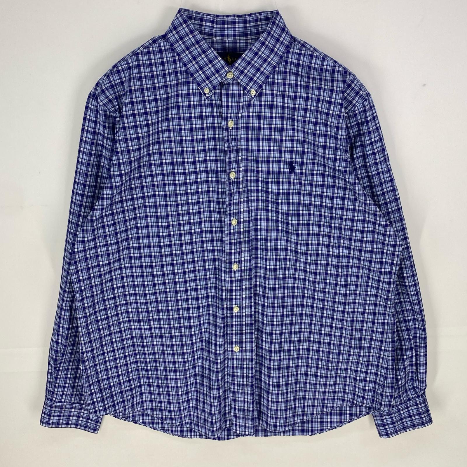 古着 ラルフローレン RALPH LAUREN 長袖シャツ ボタンダウン ワンポイント 刺繍ロゴ 大きいサイズ XL ブルー系 チェック メンズ