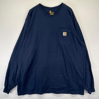 古着 カーハート Carhartt 長袖Tシャツ クルーネック ワンポイントロゴ 胸ポケット 大きいサイズ 2XL ネイビー系 メンズ