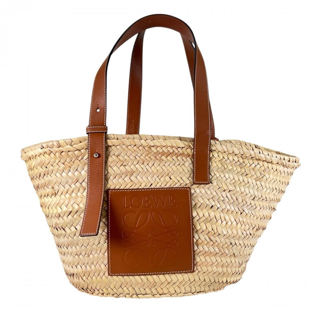 LOEWE ロエベ トートバッグ バスケットバッグ カゴバッグ ミディアムサイズ 肩掛け 327.02.S92 レザー  パームリーフ   ブラウン 茶 ベージュ シルバー金具 レディース 美品【中古品】