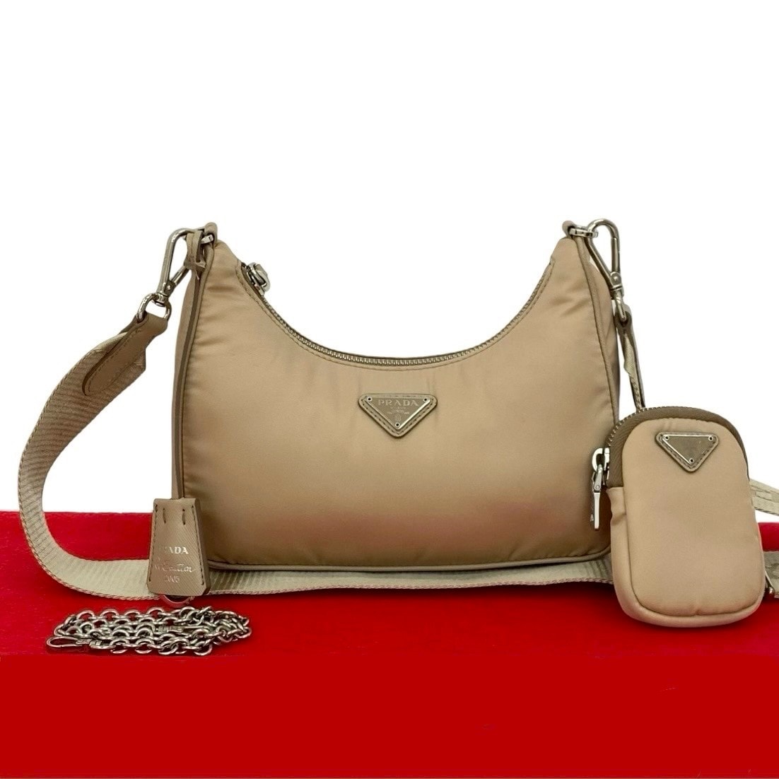 PRADA プラダ Re-Edition 三角ロゴ 金具 ナイロン レザー ショルダーバッグ ベージュ
 24566