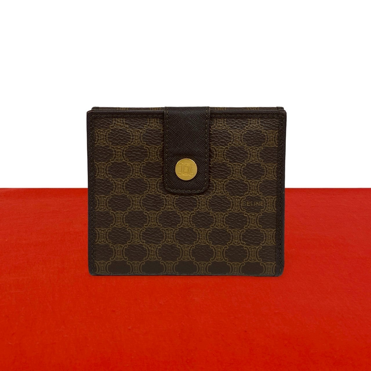 CELINE セリーヌ マカダム ブラゾン トリオンフ ロゴ レザー PVC 二つ折り財布 ブラウン
 18064