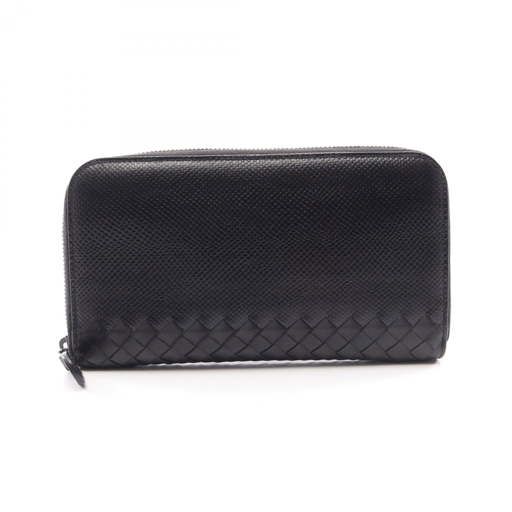 ボッテガヴェネタ BOTTEGA VENETA イントレチャート ラウンド長財布 財布 レザー カルング メンズ ブラック系 【中古】