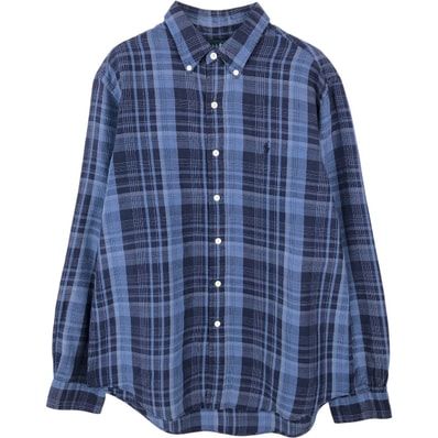 古着 ラルフローレン Ralph Lauren CUSTOM FIT チェック柄 長袖 シルク×リネン ボタンダウンシャツ メンズL相当/eaa668193