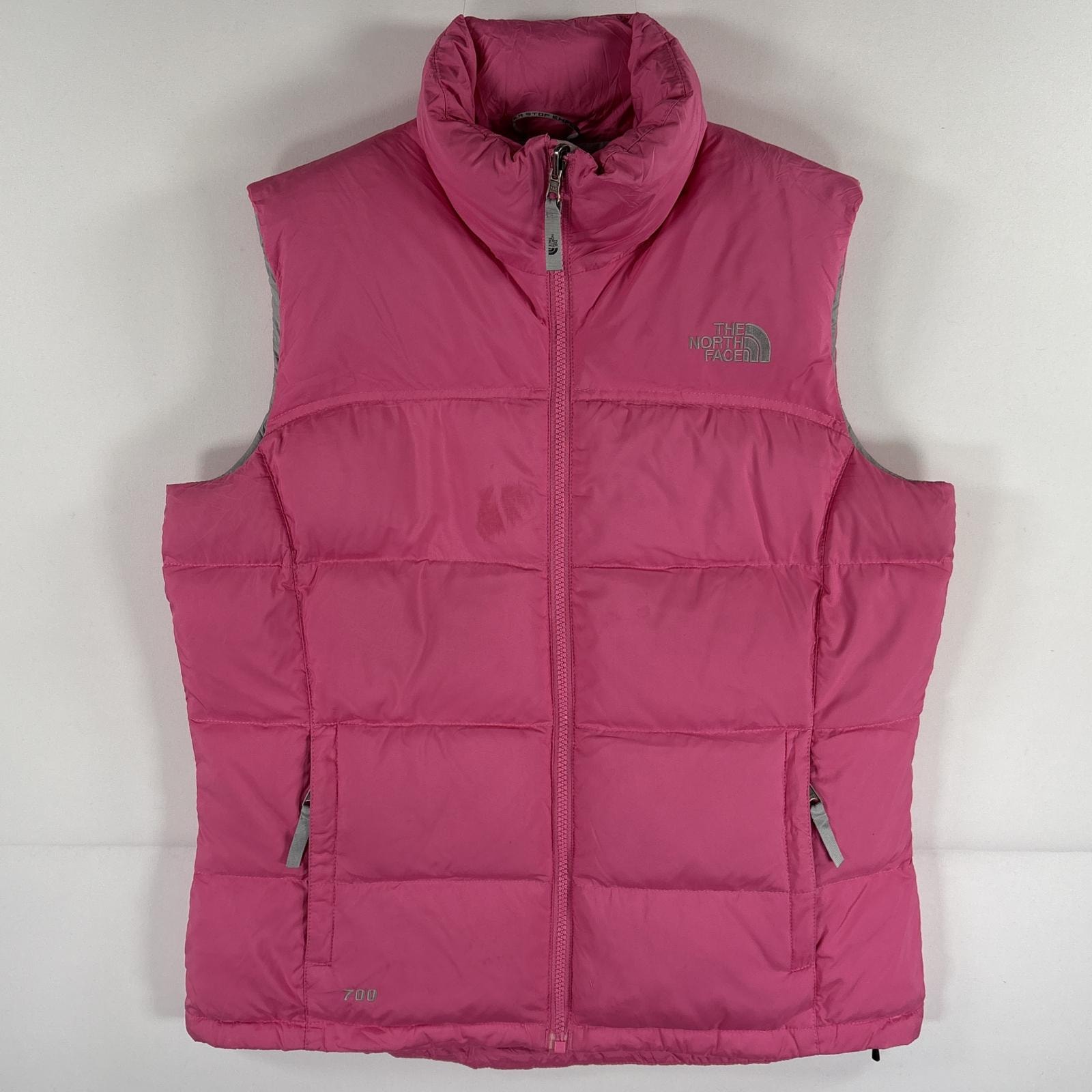 古着 ザ・ノースフェイス THE NORTH FACE ダウンベスト ワンポイントロゴ キルティング フルジップ 700fill ピンク レディース