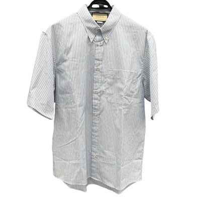 GUCCI 希少 極美品 グッチ RESORT EXCLUSIVE ストライプ コットンシルク シャツ #44 739674 ストライプ ボタンダウン 半袖シャツ コットン シルク GG 刺繍 異素材切替 ブルー オレンジ Aランク 中古 鑑定済 グッチシャツ