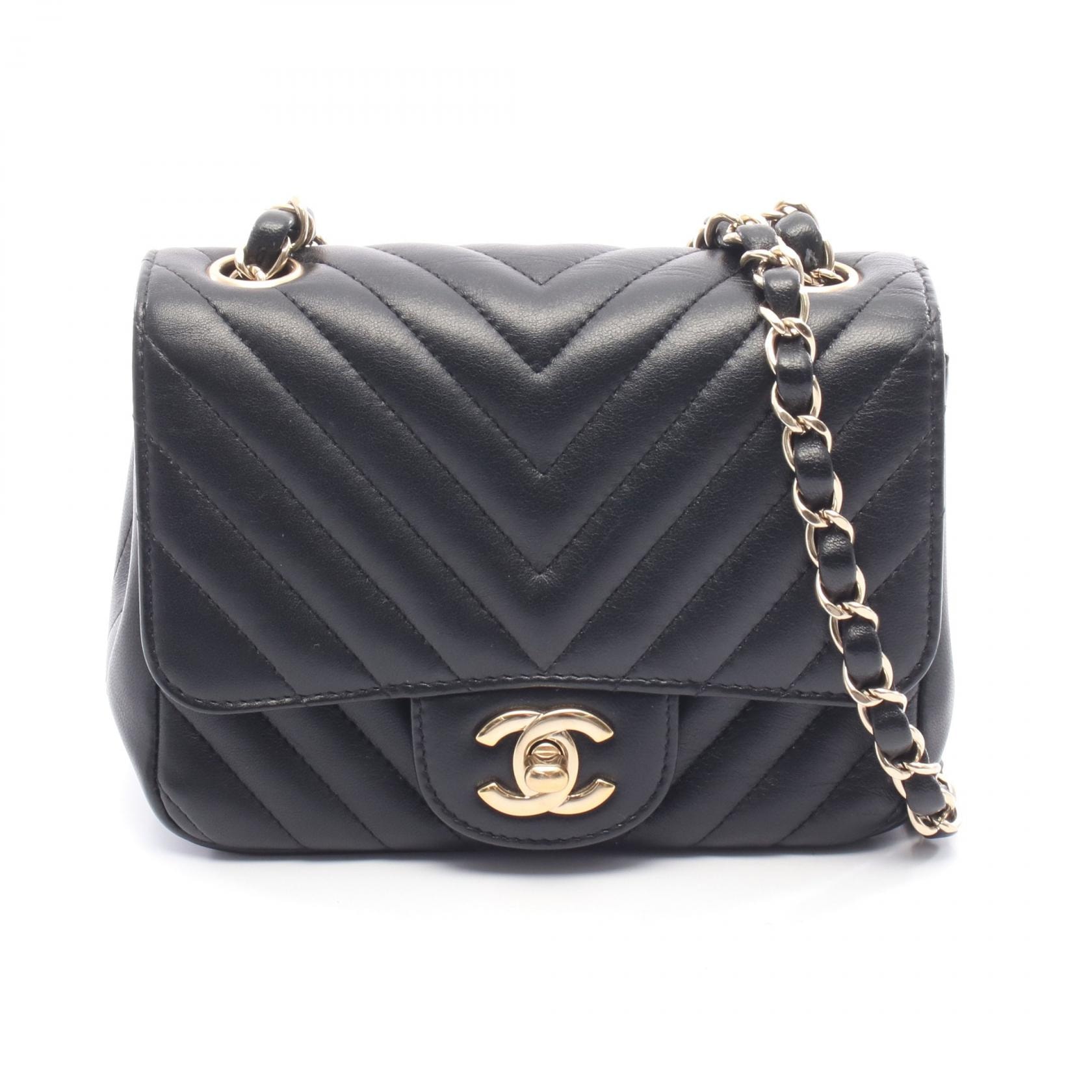 シャネル CHANEL シェブロン Vステッチ ミニ ショルダーバッグ バッグ ラムスキン(羊革) レディース ブラック系 【中古】
