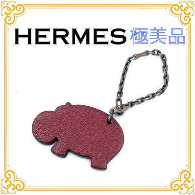 ■極美品■ HERMES エルメス カバ キーホルダー チャーム レザー レッド 赤 レア レディース メンズ アクセサリー ユニセックス ボルドー