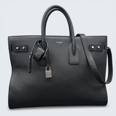 SAINT LAURENT 極美品 サンローラン シン ラージ サック ド ジュール スープル 2way トートバッグ ショルダーバッグ 631526 グレインレザー ブラック シルバー ハンドバッグ ビジネスバッグ Aランク 鑑定済 中古 サンローランバッグ