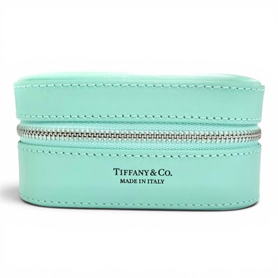 極美品 ティファニー Rectangular レザー ジュエリーケース ブルー