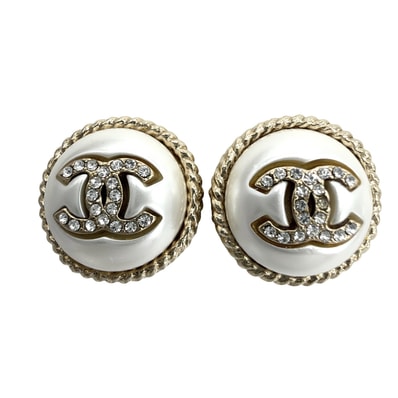 CHANEL シャネル ピアス ココマーク アクセサリー ラウンド GP ラインストーン フェイクパール C21P ゴールド ホワイト 白 レディース 約5.3g 2021年【中古品】