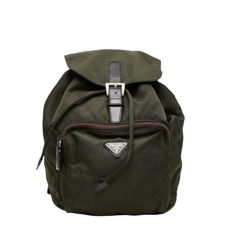 プラダ 三角ロゴプレート リュック バックパック グリーン ナイロン レザー レディース PRADA 【中古】