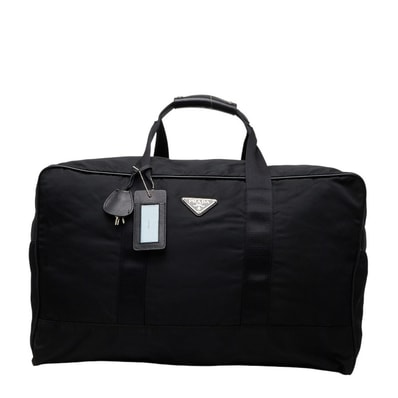 プラダ 三角ロゴプレート ボストンバッグ トラベルバッグ ブラック ナイロン レザー レディース PRADA 【中古】