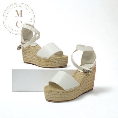 エルメス HERMES ティポリ サンダル 靴 シューズ レザー ホワイト 白 シルバー ストラップ ケリー金具 ウェッジソール