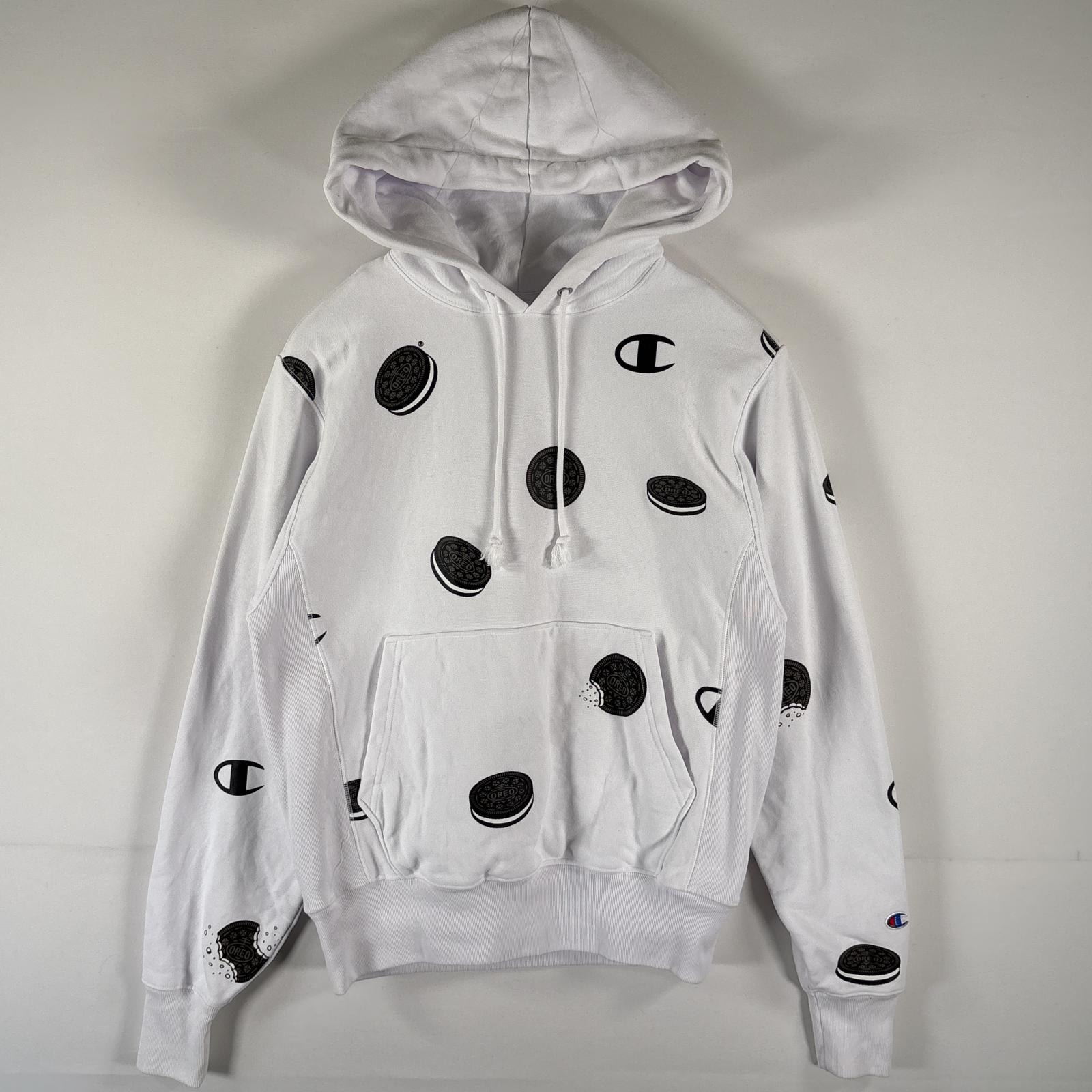 古着 チャンピオン Champion パーカー リバースウィーブ フーディ オレオ スウェット クッキー ロゴプリント 総柄 SMALL ホワイト メンズ