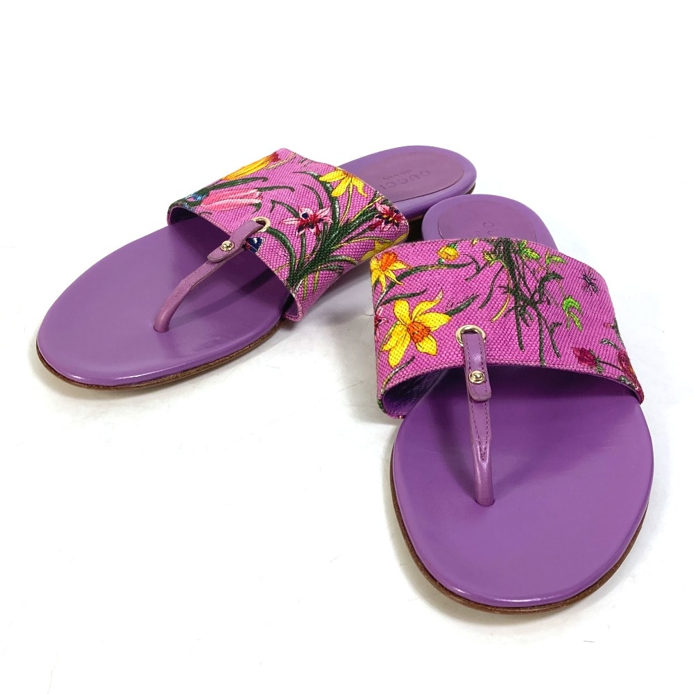 グッチ GUCCI フローラ 花柄 フラワー 155100 フラット トング 靴 サンダル キャンバス/レザー パープル 未使用