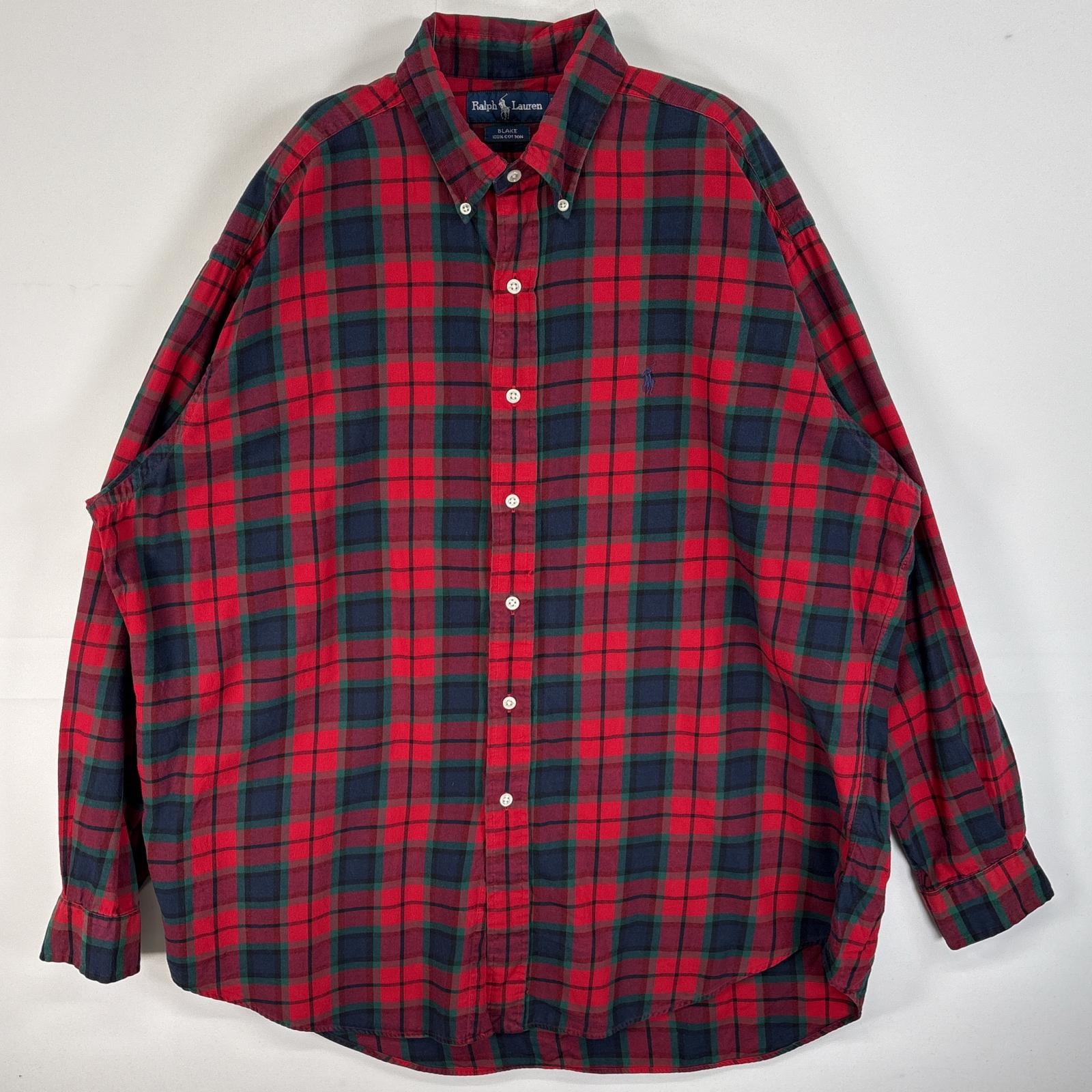 古着 90's/90年代 ラルフローレン RALPH LAUREN 長袖シャツ チェック柄 ロゴ 刺繍 ボタンダウン L  レッド系 マルチカラー メンズ