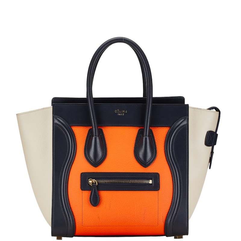 セリーヌ ラゲージ マイクロショッパー ハンドバッグ ネイビー オレンジ ベージュ レザー レディース CELINE 中古