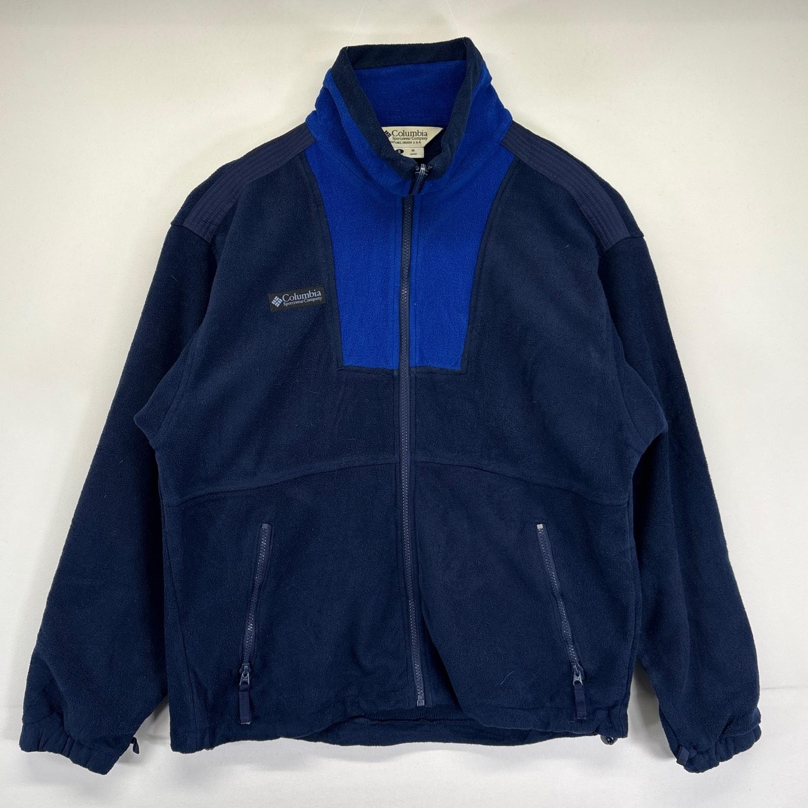 古着 コロンビア Columbia フリースジャケット フルジップ ワンポイントロゴデザイン アウトドア ドローコード S  ネイビー メンズ