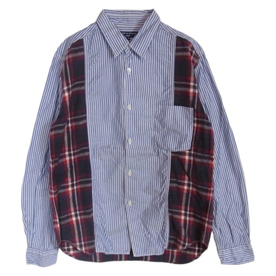 COMME des GARCONS HOMME コムデギャルソンオム 11AW HH-B034 AD2011 異素材切替 チェック ストライプ 長袖 シャツ ブルー系 S【中古】