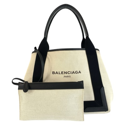 美品 BALENCIAGA バレンシアガ ネイビー カバス s アイボリー ブラック キャンバス レザー/ トートバッグ ハンドバッグ 604664 【中古】