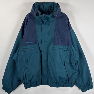 古着 90's/90年代 コロンビア Columbia ナイロンジャケット ワンポイントロゴ フルジップ フード付 ネイビー グリーン系 ツートン メンズ