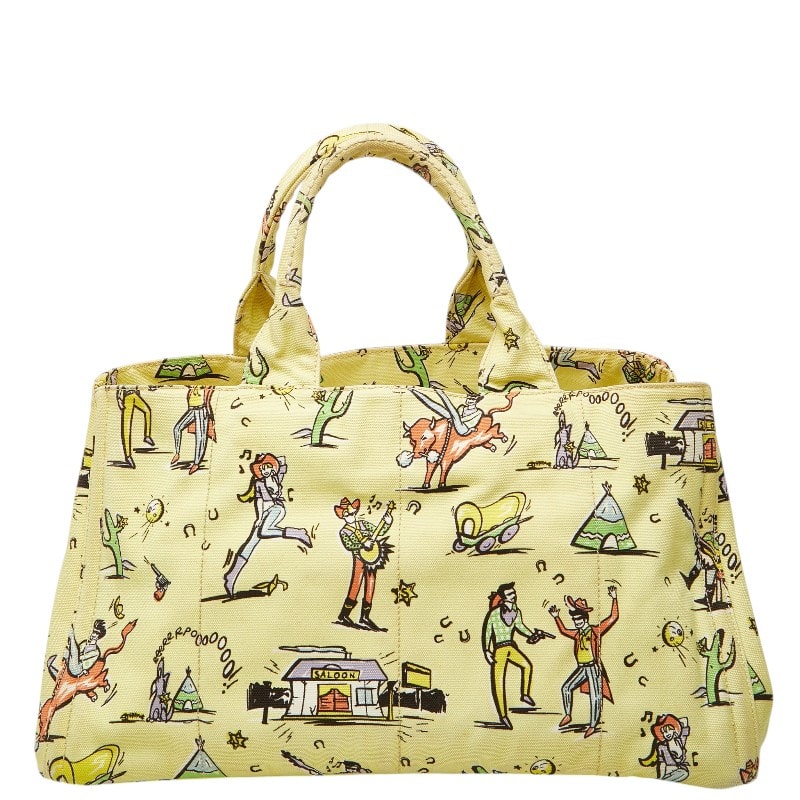 プラダ 三角ロゴプレート カナパ ラージ トートバッグ プリント イエロー マルチカラー キャンバス レディース PRADA 【中古】