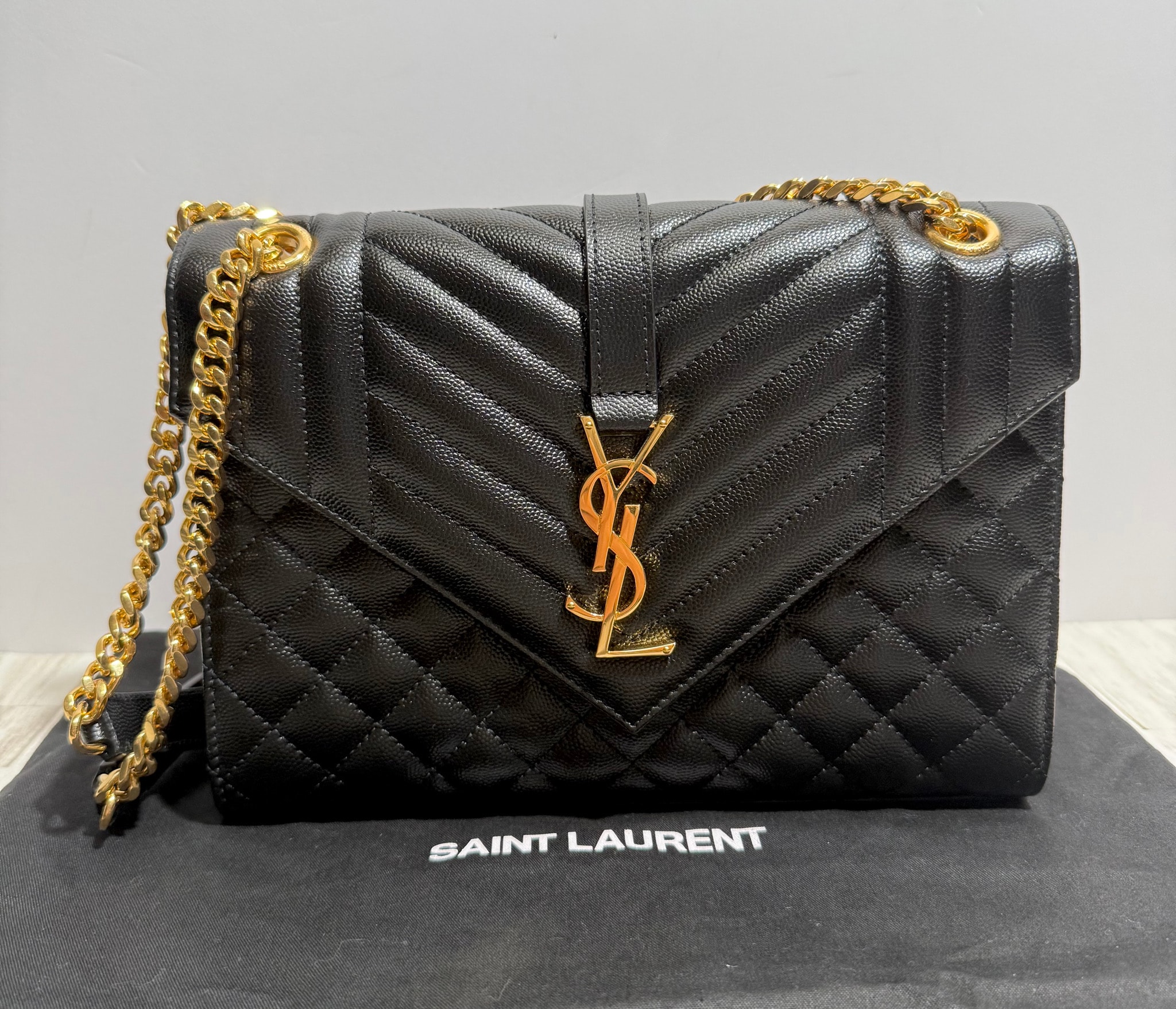 Saint Laurent Envelope Small Bag In Mix Matelasse Grain De Poudre Embossed Leather "Black"