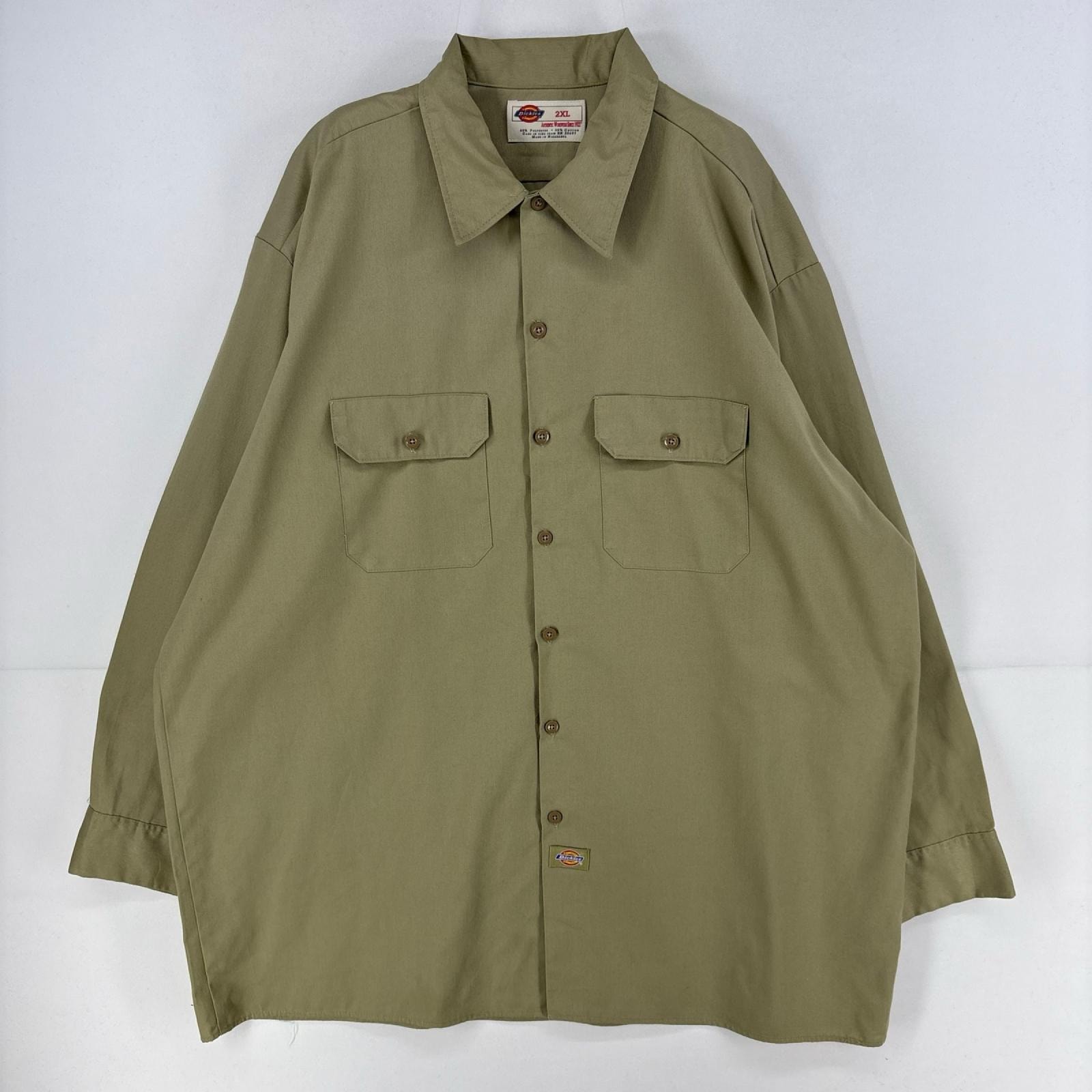 古着 ディッキーズ Dickies 長袖シャツ ワーク 大きいサイズ 作業着 2XL  ベージュ 無地 メンズ