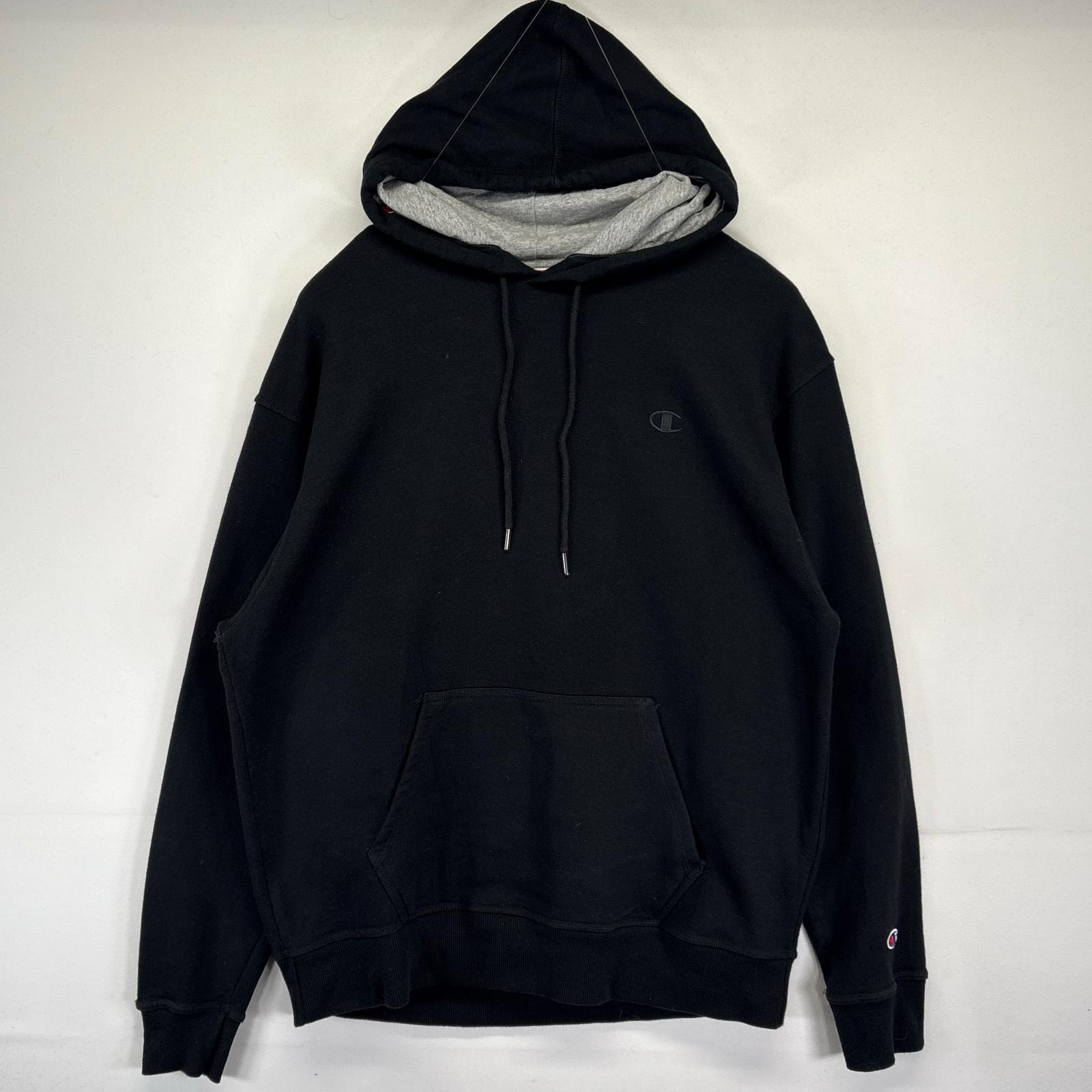 古着 チャンピオン Champion パーカー 大きいサイズ ワンポイントロゴ刺繍 フーディー プルオーバー XL  ブラック メンズ