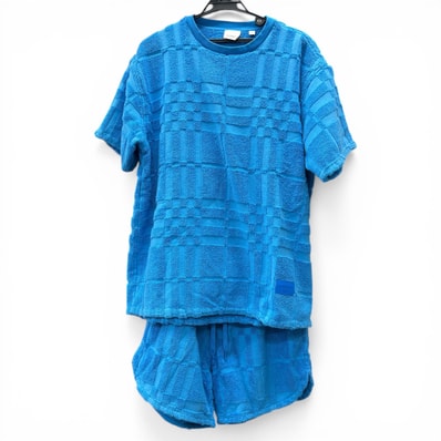 BURBERRY 美品 バーバリー パイル チェック コットン セットアップ 半袖Tシャツ ハーフパンツ ウエストゴム 8071448/8071248 コットン ブルー ラバーロゴ カットソー ショーツ #M ABランク 中古 鑑定済 バーバリーセットアップ