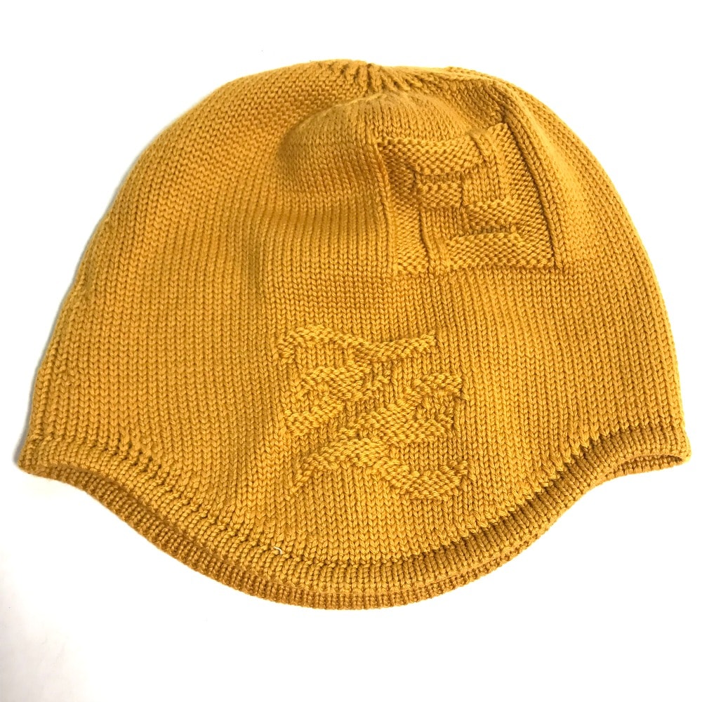 フェンディ FENDI ロゴ FXQ056 ビーニー 帽子 ニット帽 ニットキャップ ニット帽 ウール イエロー 美品