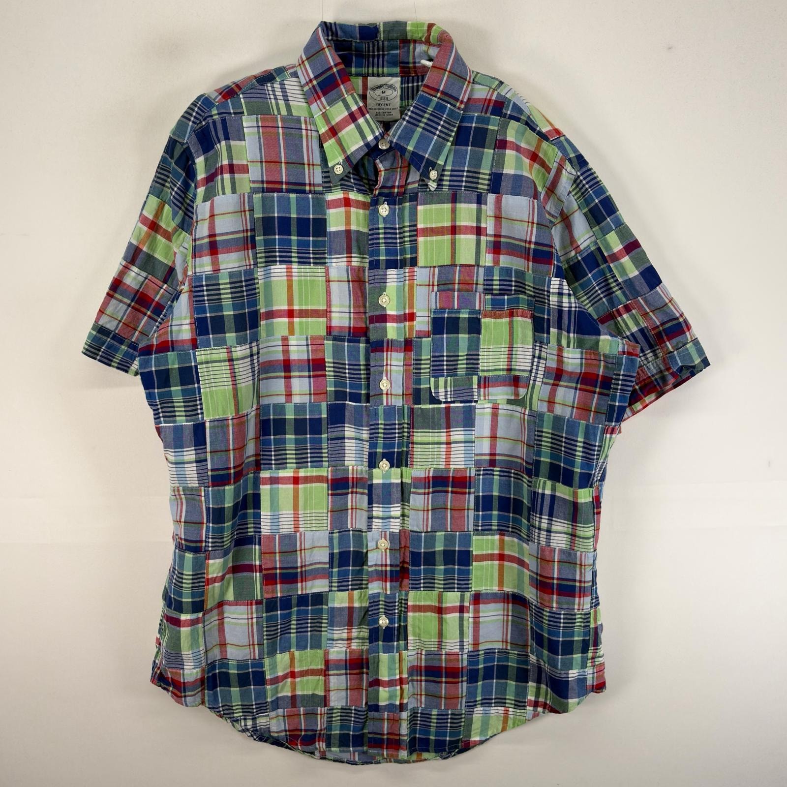 古着 ブルックスブラザーズ Brooks Brothers 半袖シャツ 胸ポケ パッチワーク マルチカラー M ブルー系 チェック メンズ