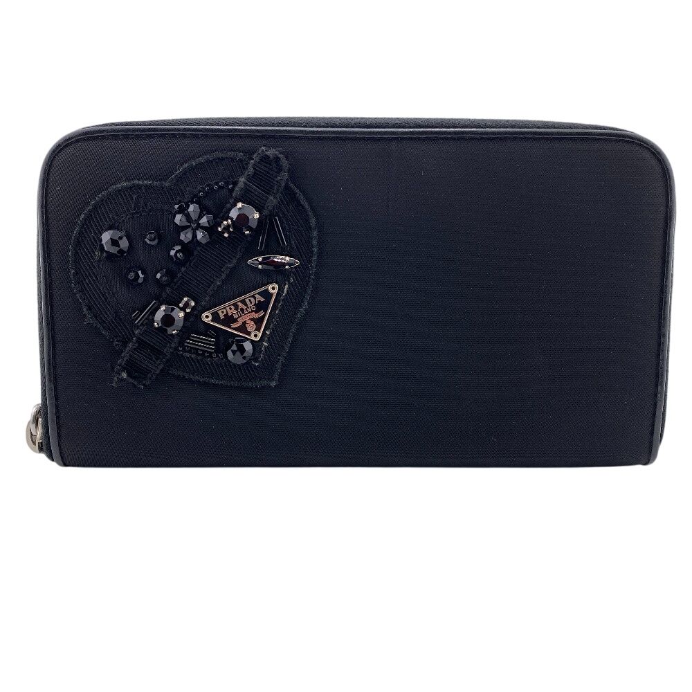 プラダ PRADA 長財布 テスート ハートビジューウォレット ラウンドファスナー トライアングルロゴ ブラック