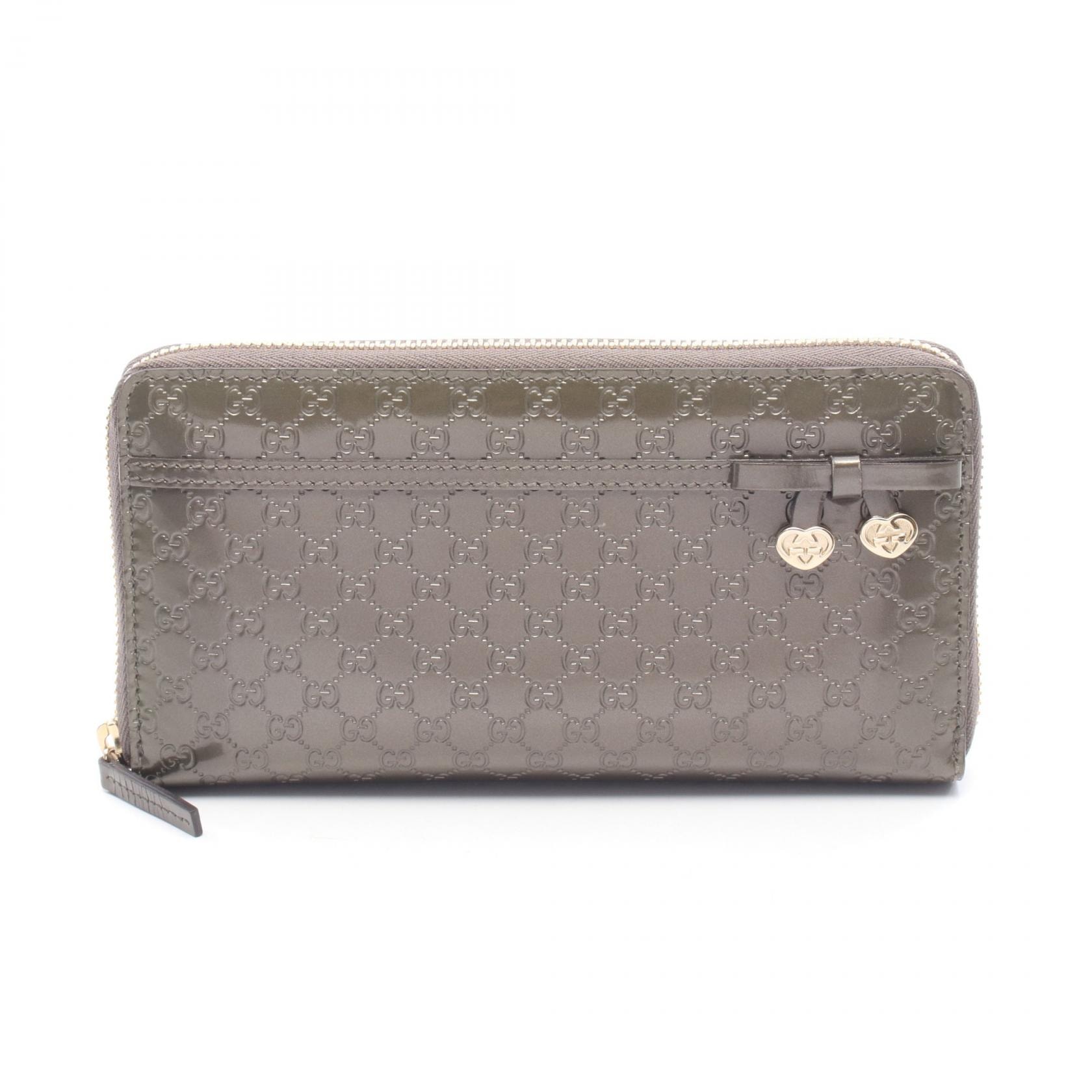 グッチ GUCCI マイクログッチシマ ラウンド長財布 財布 パテントレザー レディース カーキ系 258406 【中古】