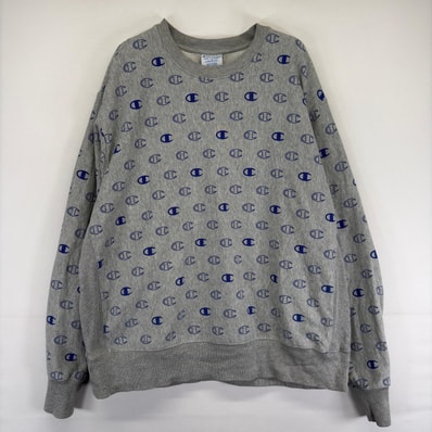古着 チャンピオン Champion スウェット プルオーバー リバースウィーブ 大きいサイズ クルーネック ロゴ 2XL グレー系 総柄 メンズ