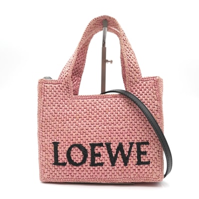 LOEWE(ロエベ)フォント トート ミニ 2WAY トートバッグ ショルダーバッグ ラフィア ピンク ブラック ロゴ刺繍 レディース【中古】